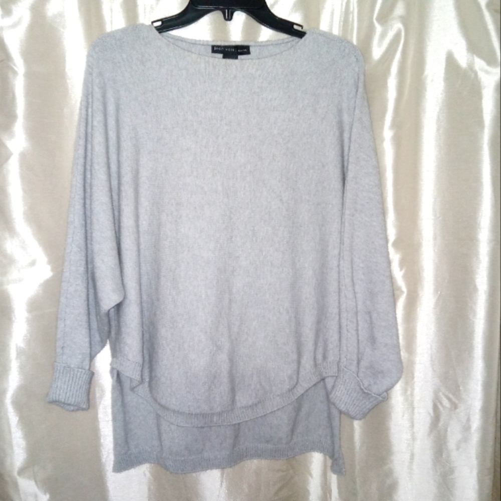 Joan Vass New York gray pullover sweater, Hi-lo, furled boatneck/rib cuffs sz L